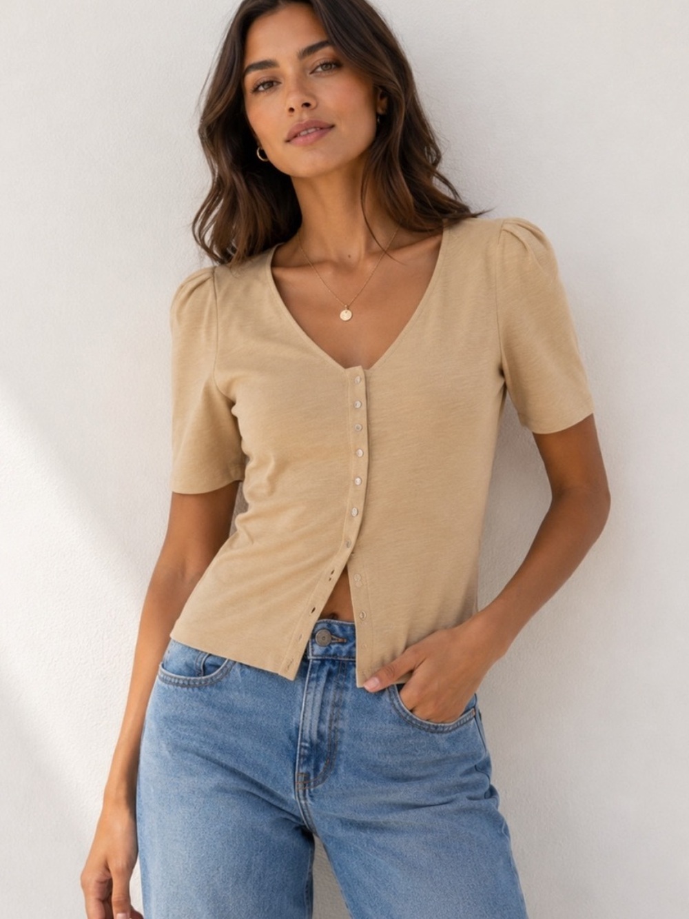 NATION LA Jen Button Up Tan Puff Sleeve Blouse